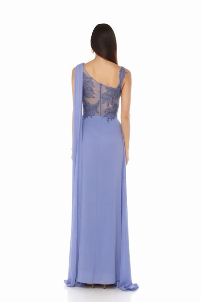 Mavi Göğüs Nakışlı Drape Detaylı Abiye Elbise